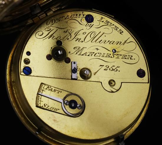 Thomas & Jonathan Ollivant, Manchester, an 18ct three-colour gold open-face pocket watch, No. 7255, detached lever, foliate Roman dial,